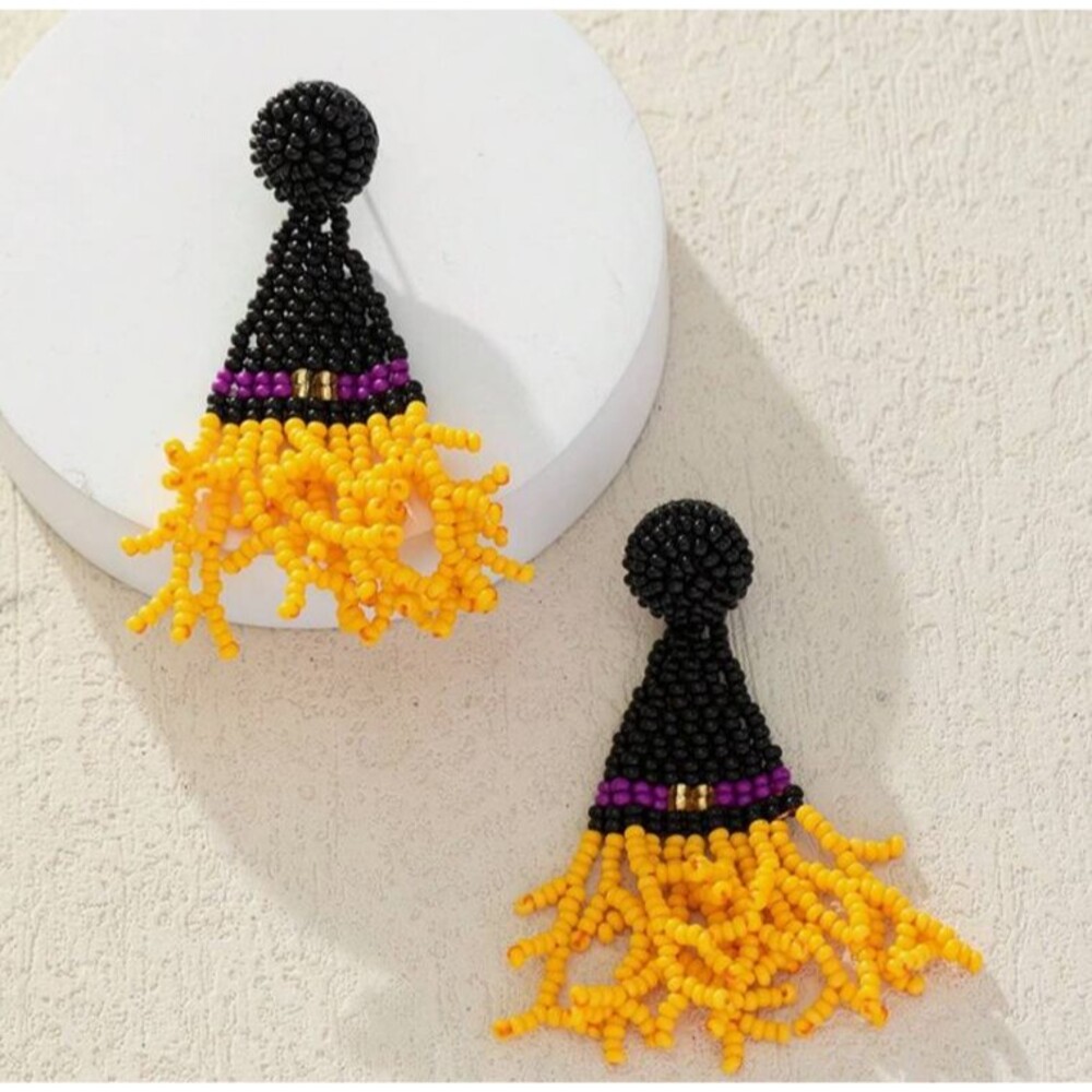 Halloween Black Witch Hat Seed Beaded Earrings
